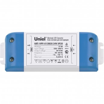 Блок питания UNIEL UET-VPF-015B20 для светодиодов с защитой от короткого замыкания и перегрузок, 15 Вт, 24В, IP20 Блок питания UNIEL UET-VPF-015B20 для светодиодов с защитой от короткого замыкания и перегрузок, 15 Вт, 24В, IP20