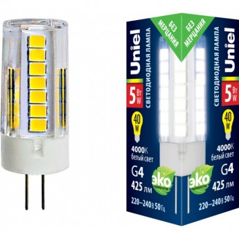 Лампа светодиодная UNIEL LED-JC-220/5W/4000K/G4/CL GLZ09TR картон Лампа светодиодная UNIEL LED-JC-220/5W/4000K/G4/CL GLZ09TR картон