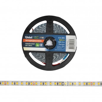 Светодиодная лента UNIEL ULS-2835-120LED/m-8mm-IP20-DC24V-9,6W/m-5M-3000K катушка в герметичной упаковке Светодиодная лента UNIEL ULS-2835-120LED/m-8mm-IP20-DC24V-9,6W/m-5M-3000K катушка в герметичной упаковке