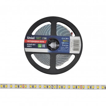 Светодиодная лента UNIEL ULS-2835-120LED/m-8mm-IP20-DC24V-9,6W/m-5M-4000K катушка в герметичной упаковке Светодиодная лента UNIEL ULS-2835-120LED/m-8mm-IP20-DC24V-9,6W/m-5M-4000K катушка в герметичной упаковке