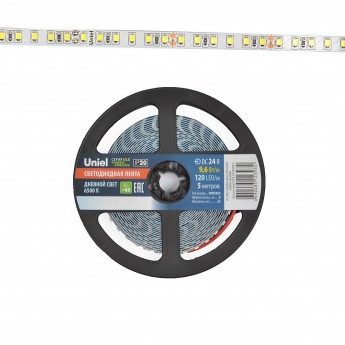 Светодиодная лента UNIEL ULS-2835-120LED/m-8mm-IP20-DC24V-9,6W/m-5M-6500K катушка в герметичной упаковке Светодиодная лента UNIEL ULS-2835-120LED/m-8mm-IP20-DC24V-9,6W/m-5M-6500K катушка в герметичной упаковке