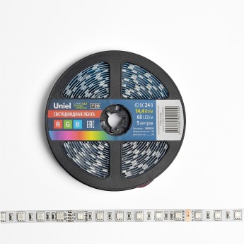 Светодиодная лента UNIEL ULS-5050-60LED/m-10mm-IP20-DC24V-14,4W/m-5M-RGB катушка в герметичной упаковке Светодиодная лента UNIEL ULS-5050-60LED/m-10mm-IP20-DC24V-14,4W/m-5M-RGB катушка в герметичной упаковке