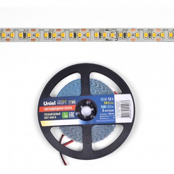 Светодиодная лента UNIEL ULS-M14-2835-168LED/m-10mm-IP20-DC12V-14W/m-5M-3000K PROFI катушка в герметичной упаковке Светодиодная лента UNIEL ULS-M14-2835-168LED/m-10mm-IP20-DC12V-14W/m-5M-3000K PROFI катушка в герметичной упаковке