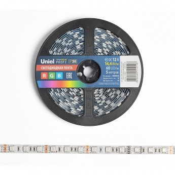 Светодиодная лента UNIEL ULS-M25-5050-60LED/m-10mm-IP20-DC12V-14,4W/m-5M-RGB PROFI катушка в герметичной упаковке Светодиодная лента UNIEL ULS-M25-5050-60LED/m-10mm-IP20-DC12V-14,4W/m-5M-RGB PROFI катушка в герметичной упаковке